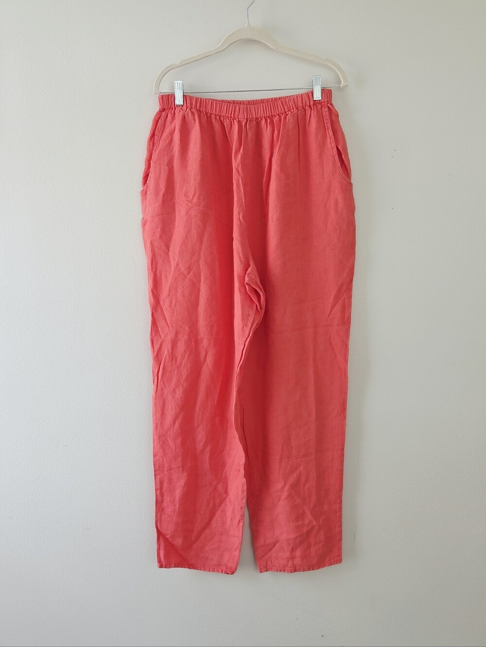 FLAX Tapered Linen Pants Peach Salmon Orange Elastic Waist Stretch Artsy Large